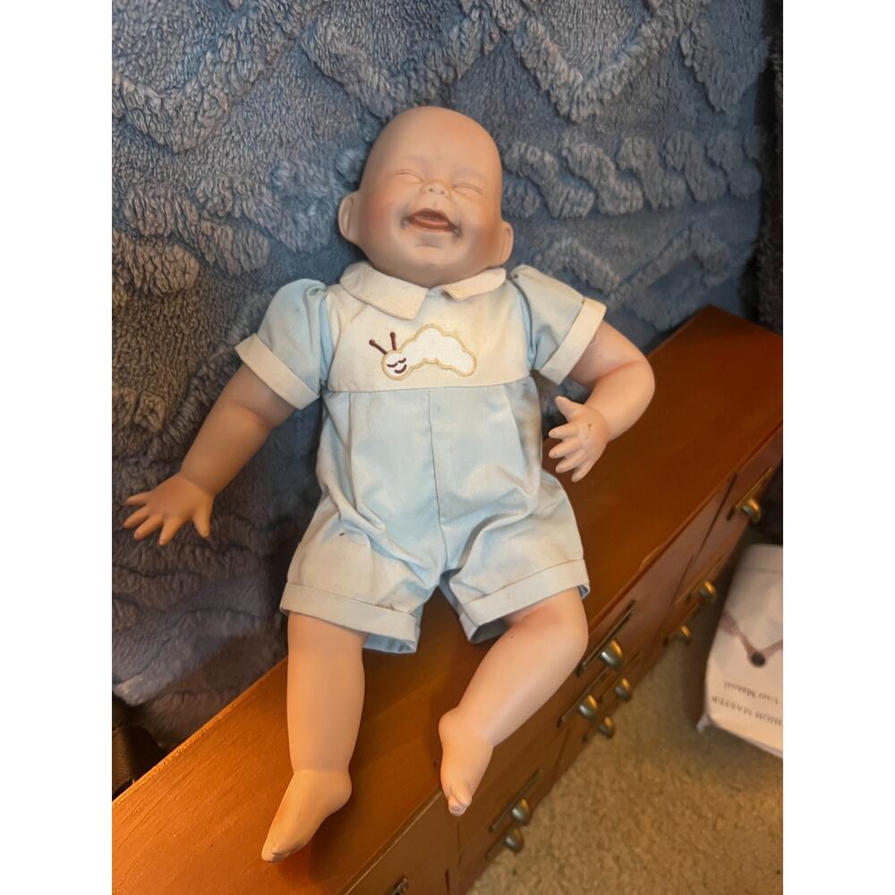 Vintage 1992 Ashton Drake Tickles Porcelain Boy Baby Doll Blue Romper MSRP $70